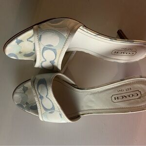 Coach Cream and Light Blue Signature Slide Mules